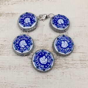 Rolling Rock Beer Bottle Cap Charm Bracelet Rhinestone Embellished Adjustable